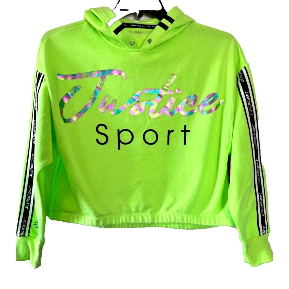Justice Sport Lime Green Black Stripes Cropped Hoodie Youth Large NWT